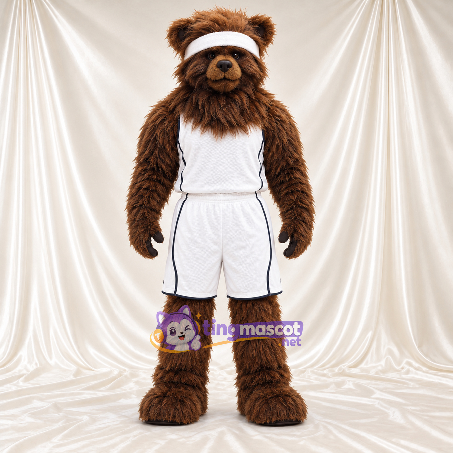 Maskottchenkostüm Bär – braun – Sporttrikot (weiß); Stirnband Maskottchenkostüm Bär – braun – Sporttrikot (weiß); Stirnband