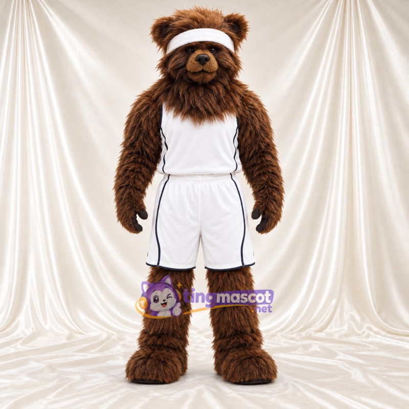 Maskottchenkostüm Bär – braun – Sporttrikot (weiß); Stirnband Maskottchenkostüm Bär – braun – Sporttrikot (weiß); Stirnband