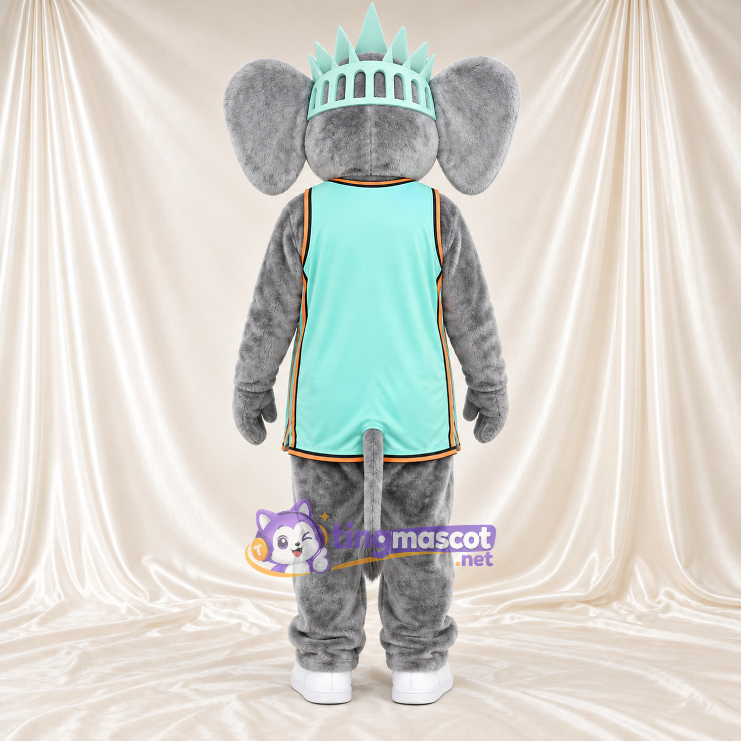 Costume de mascotte Éléphant – gris – Tunique (turquoise); Couronne Costume de mascotte Éléphant – gris – Tunique (turquoise); Couronne