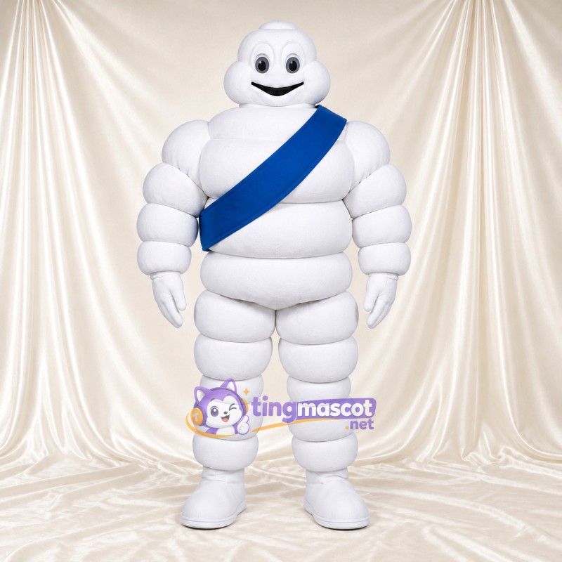 Costume de mascotte Bibendum – blanc – Écharpe en bandoulière (bleu) Costume de mascotte Bibendum – blanc – Écharpe en bandoulière (bleu)
