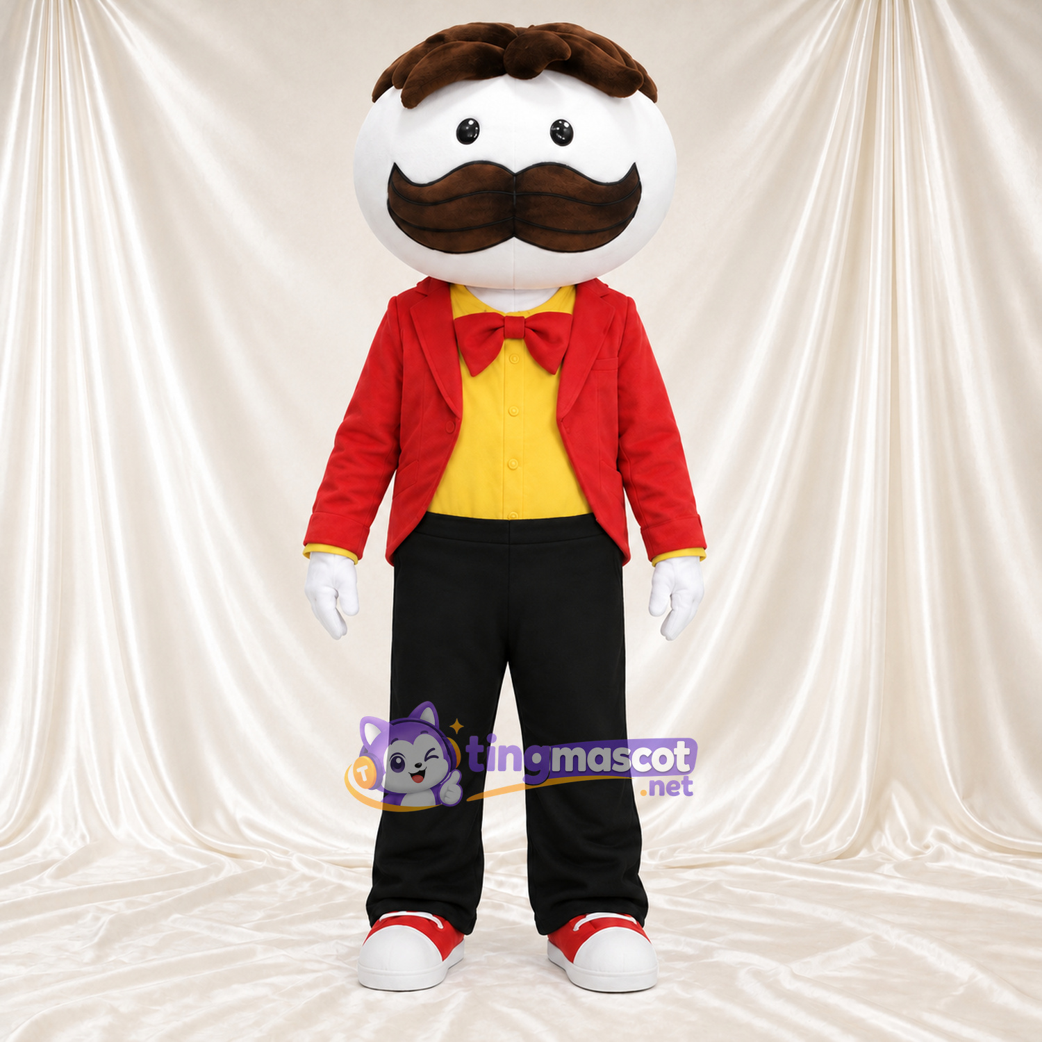 Costume de mascotte Homme à moustache – rouge / jaune – Veste (rouge); Nœud papillon Costume de mascotte Homme à moustache – rouge / jaune – Veste (rouge); Nœud papillon