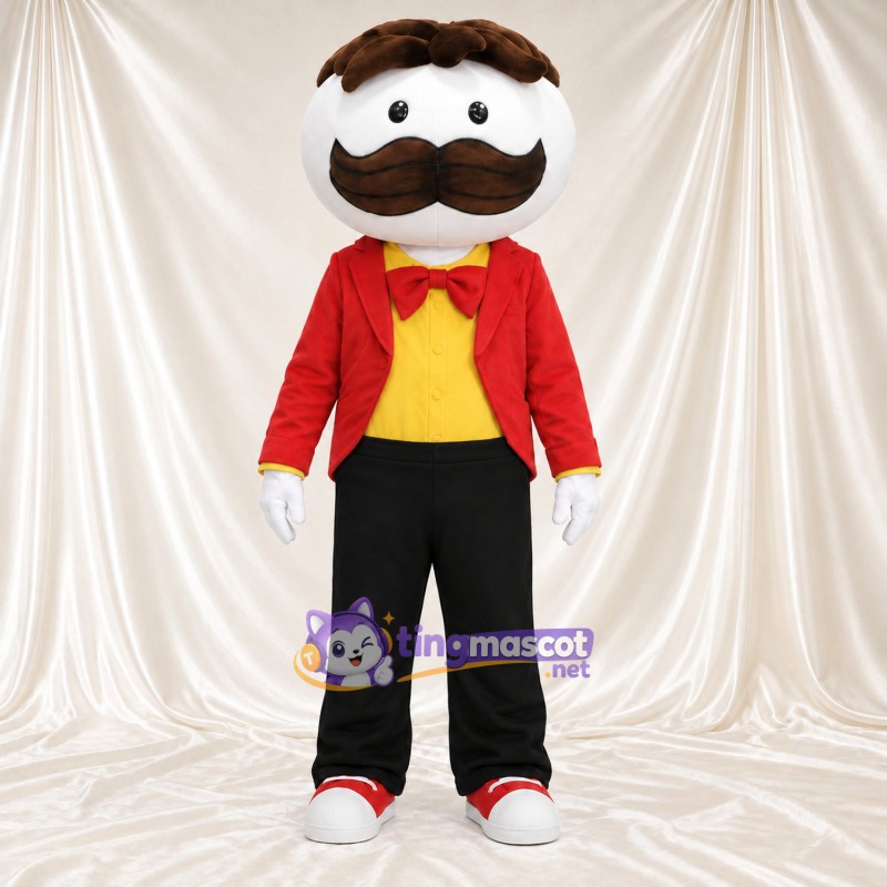 Costume de mascotte Homme à moustache – rouge / jaune – Veste (rouge); Nœud papillon Costume de mascotte Homme à moustache – rouge / jaune – Veste (rouge); Nœud papillon