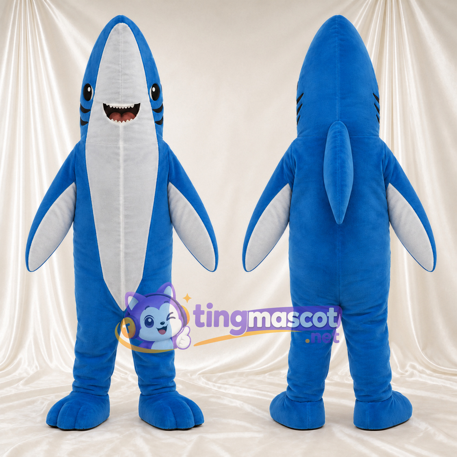 Costume de mascotte Requin – bleu – Ventre (blanc); Nageoires Costume de mascotte Requin – bleu – Ventre (blanc); Nageoires