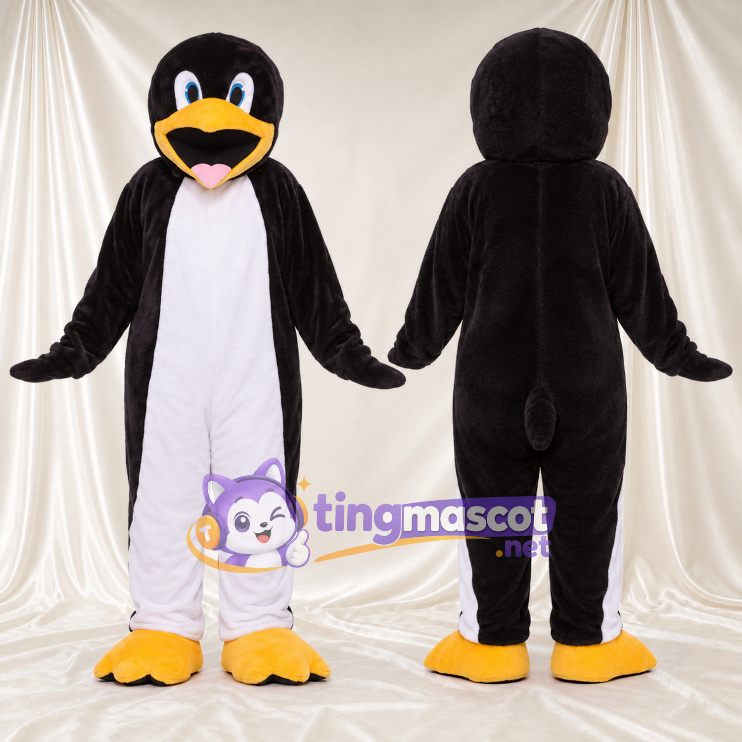 Costume de mascotte Pingouin – noir / blanc – Pieds (jaune); Langue (rose) Costume de mascotte Pingouin – noir / blanc – Pieds (jaune); Langue (rose)