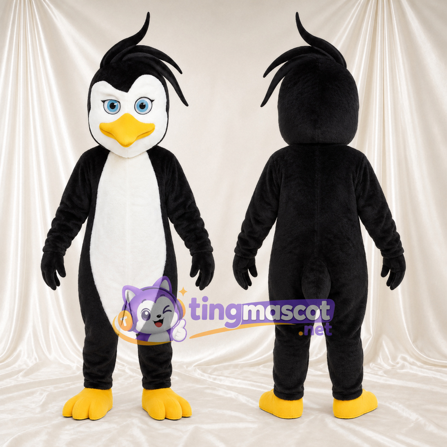 Black and White Penguin Mascot Costume - Blue Eyes and Head Tuft Black and White Penguin Mascot Costume - Blue Eyes and Head Tuft