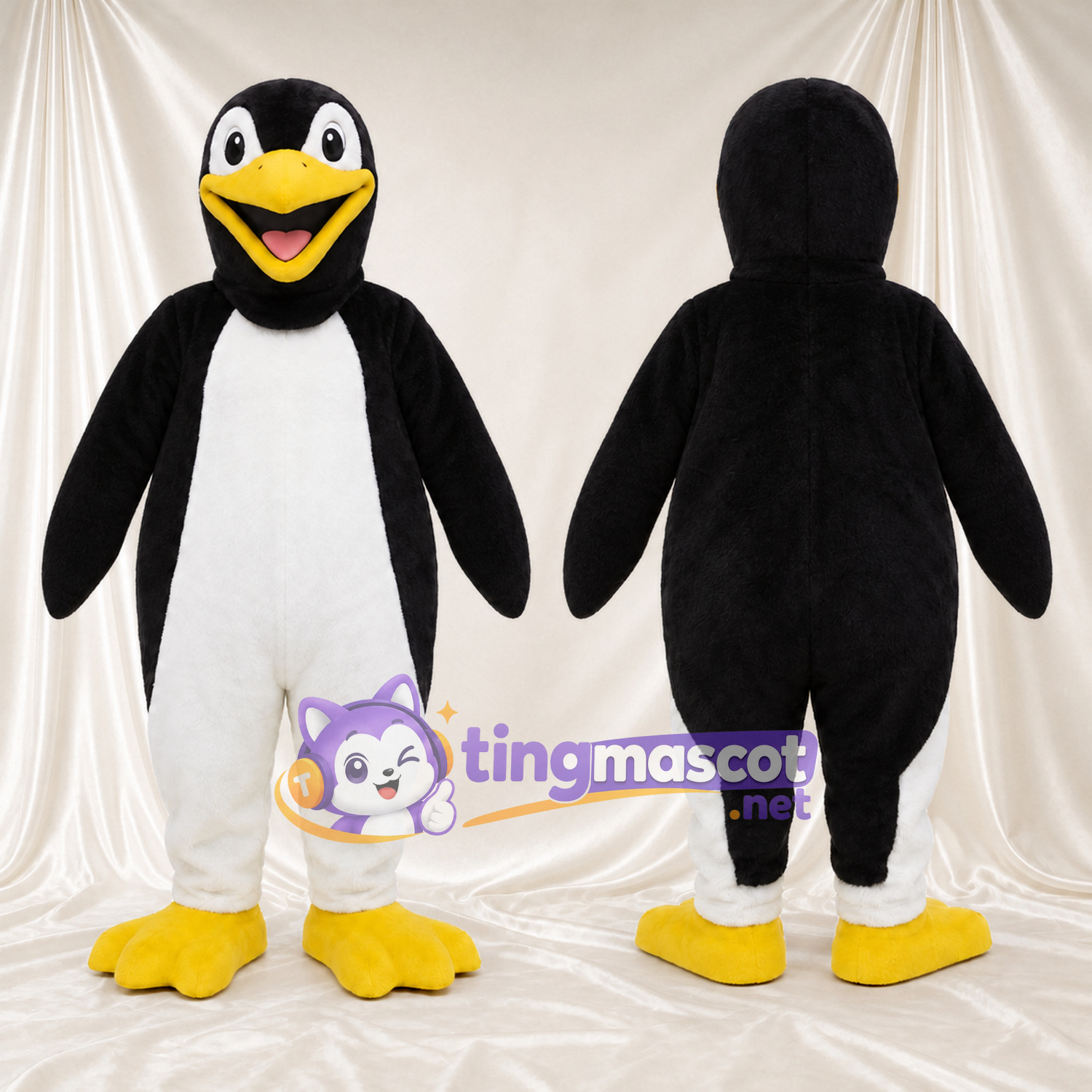 Costume de mascotte Pingouin – noir / blanc – Pieds (jaune); Bas des jambes (blanc) Costume de mascotte Pingouin – noir / blanc – Pieds (jaune); Bas des jambes (blanc)