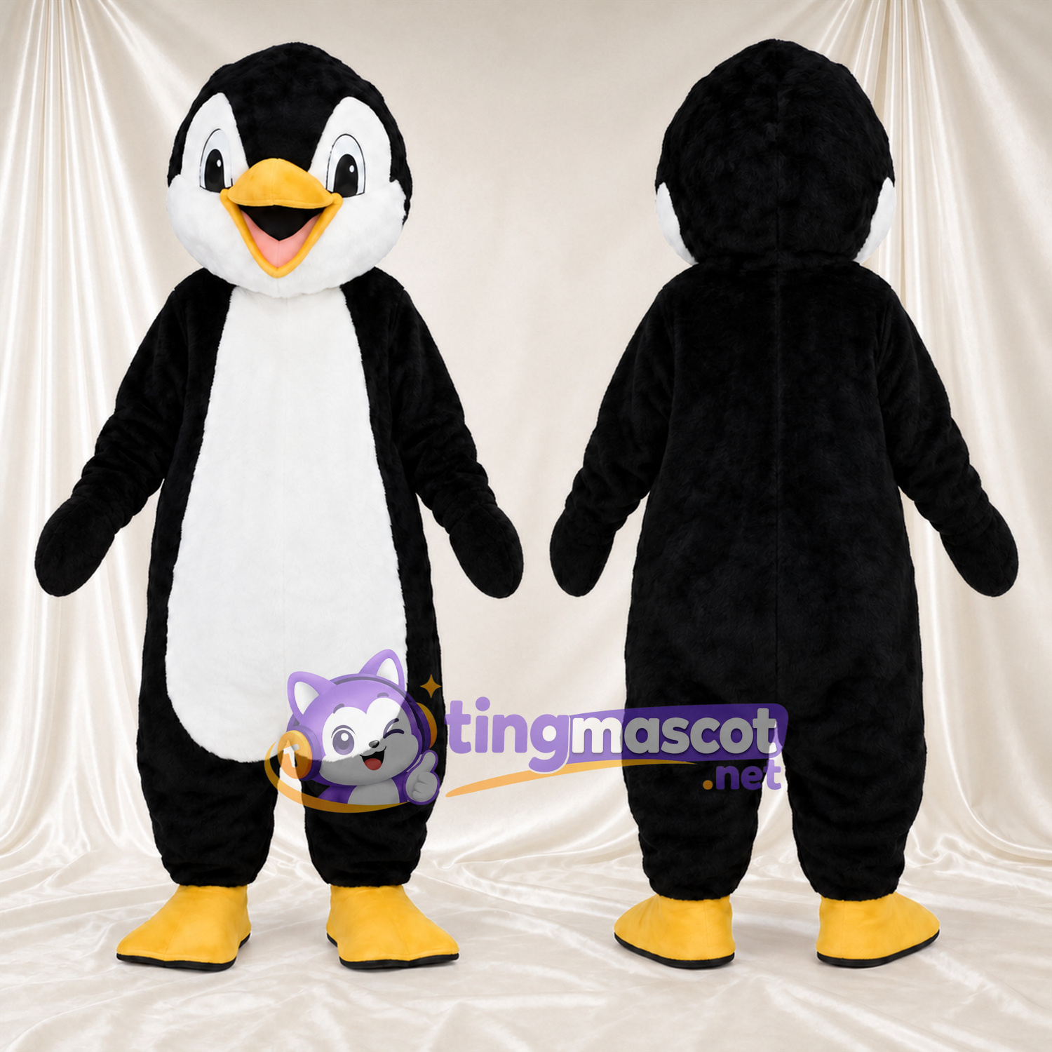 Costume de mascotte Pingouin – noir / blanc – Pieds (jaune); Visage (blanc) Costume de mascotte Pingouin – noir / blanc – Pieds (jaune); Visage (blanc)