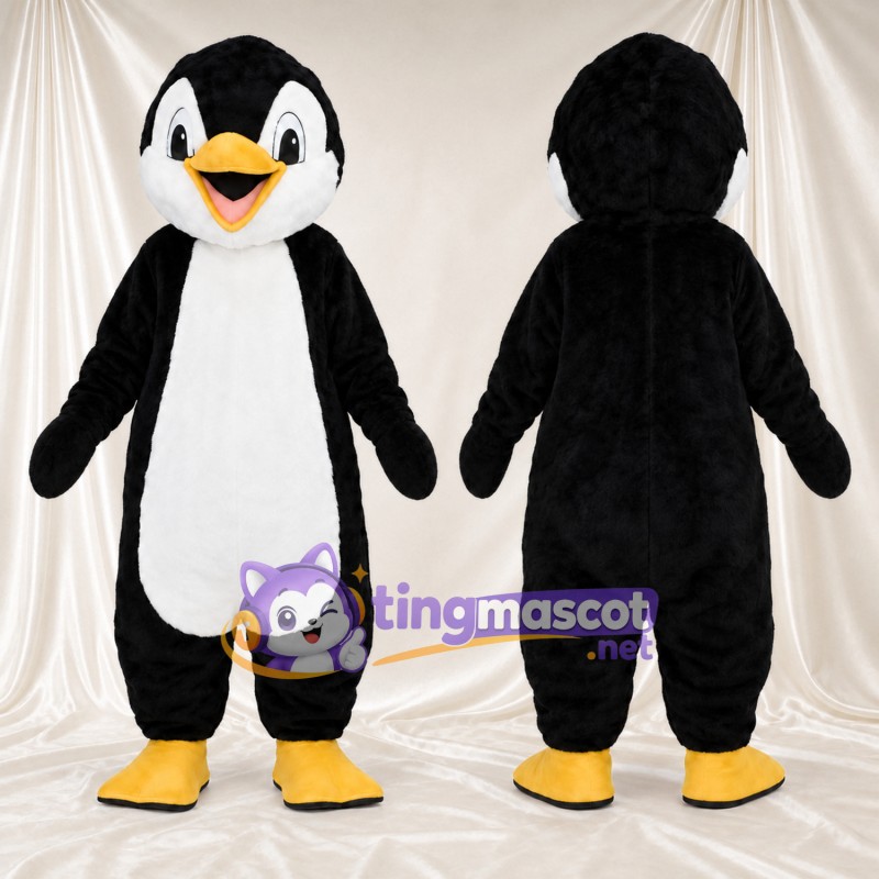 Costume de mascotte Pingouin – noir / blanc – Pieds (jaune); Visage (blanc)