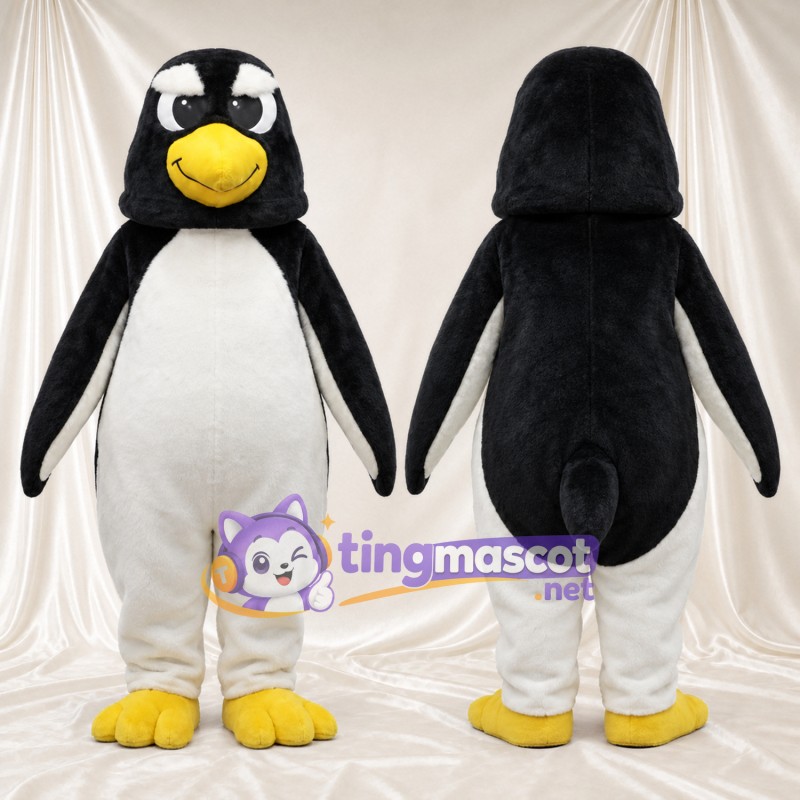 Costume de mascotte Pingouin – noir / blanc – Pieds (jaune); Sourcils inclinés
