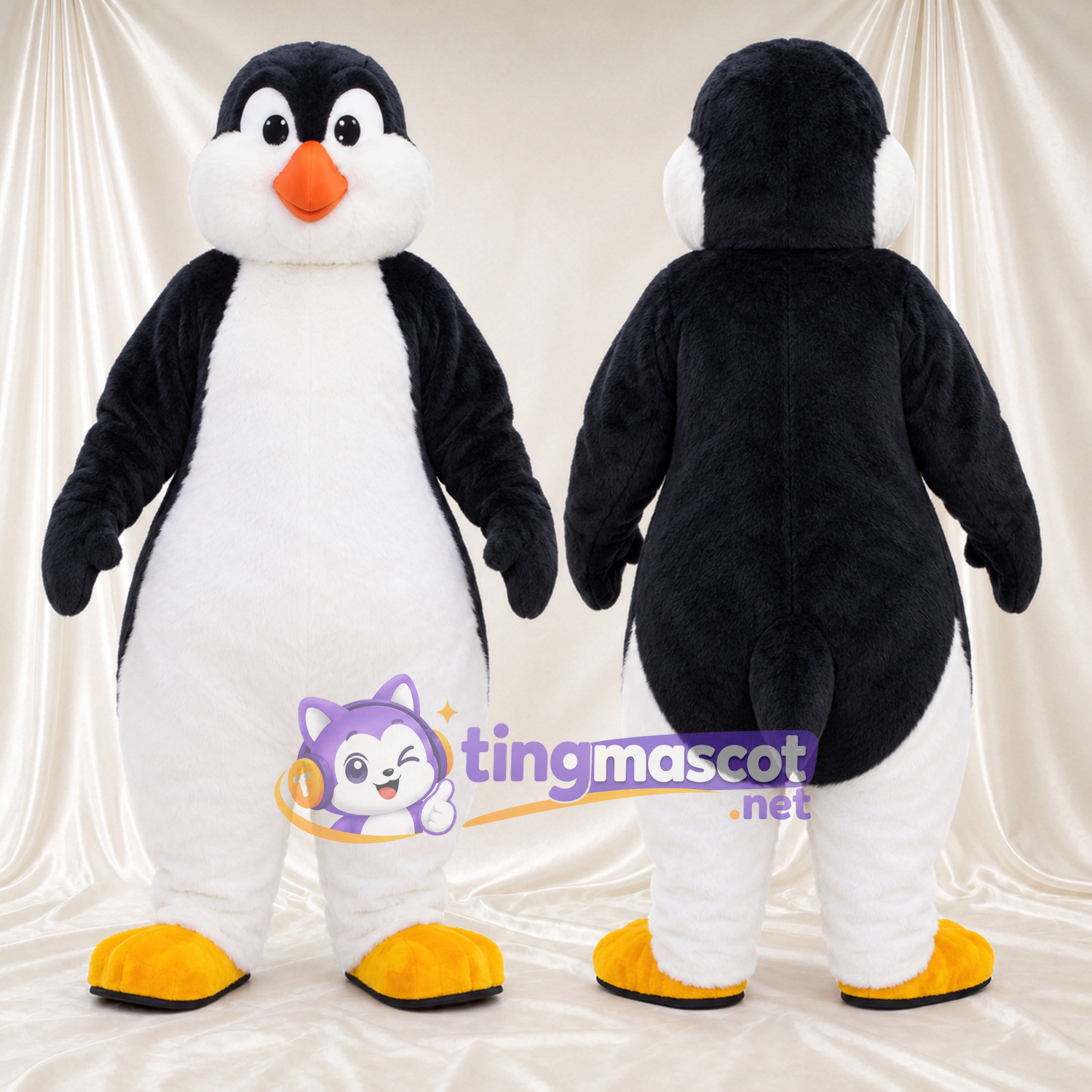 Costume de mascotte Pingouin – noir / blanc – Pieds (jaune); Bas des jambes (blanc) Costume de mascotte Pingouin – noir / blanc – Pieds (jaune); Bas des jambes (blanc)