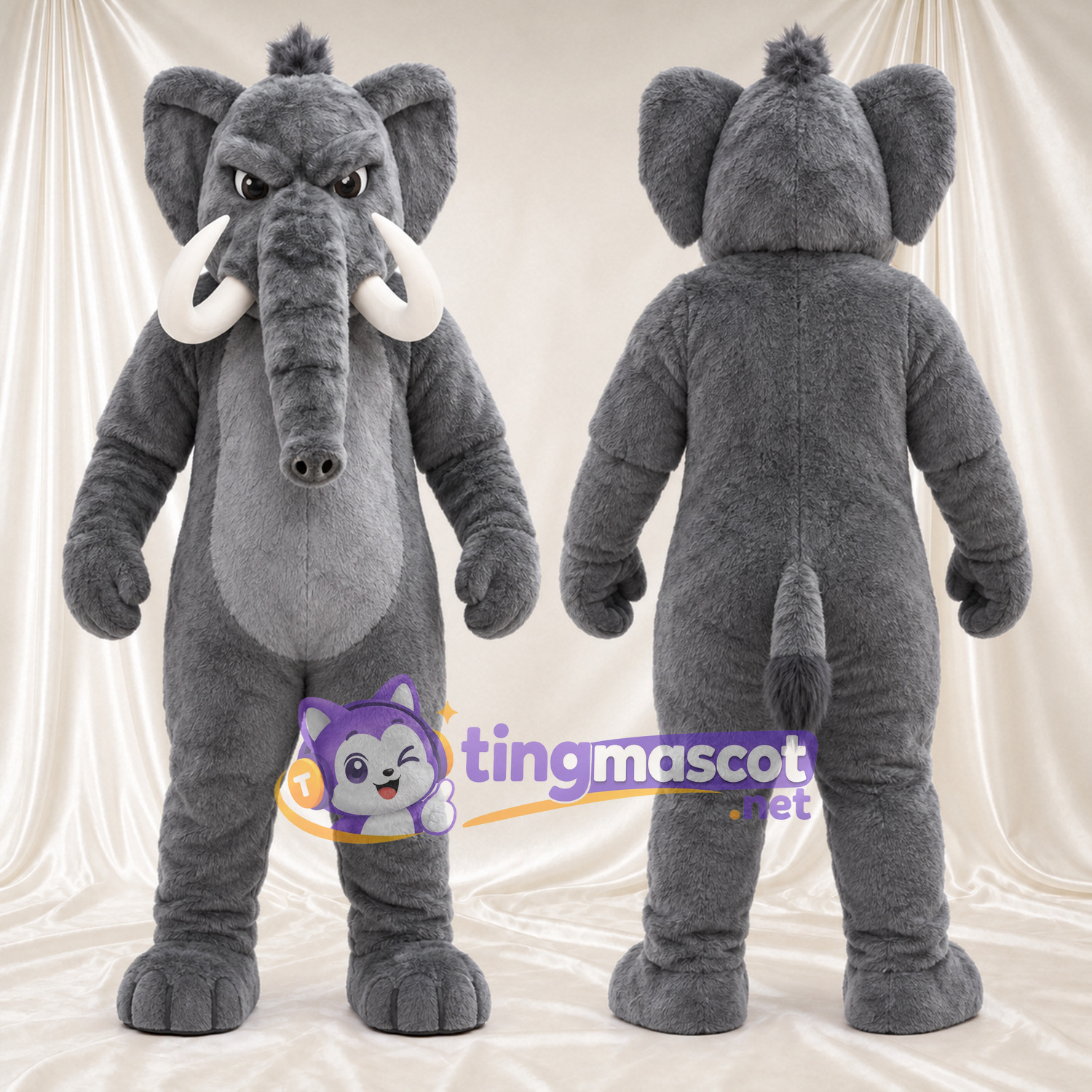 Costume de mascotte Éléphant – gris – Sourcils inclinés; Défenses (blanc) Costume de mascotte Éléphant – gris – Sourcils inclinés; Défenses (blanc)