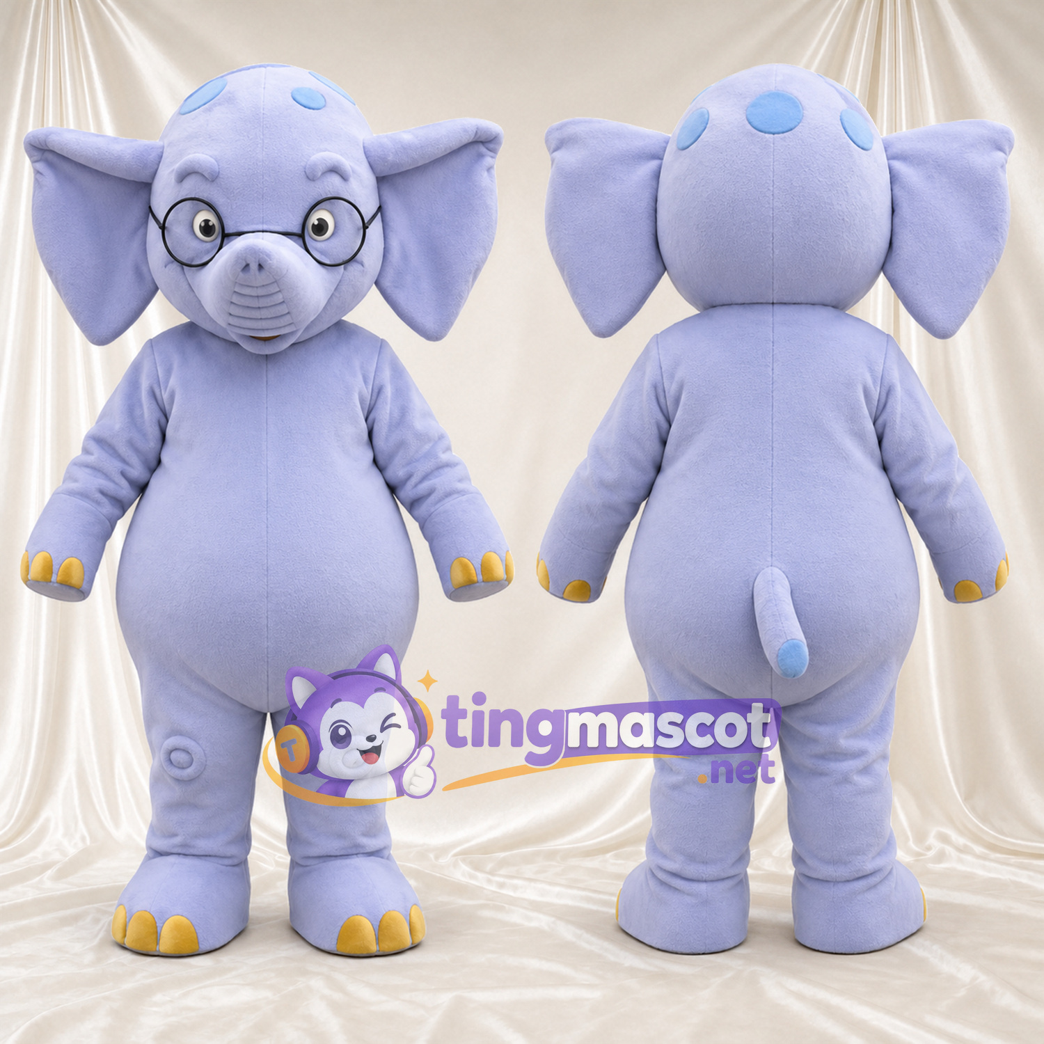 Costume de mascotte Éléphant – violet – Lunettes rondes; Orteils (jaune) Costume de mascotte Éléphant – violet – Lunettes rondes; Orteils (jaune)