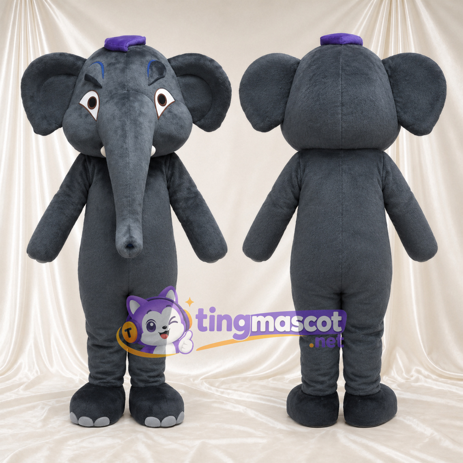 Costume de mascotte Éléphant – gris – Casquette (violet) Costume de mascotte Éléphant – gris – Casquette (violet)