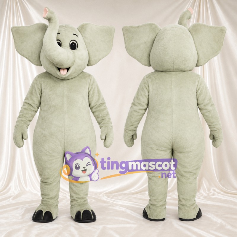 Costume de mascotte Éléphant – gris – Grandes incisives; Trompe relevée