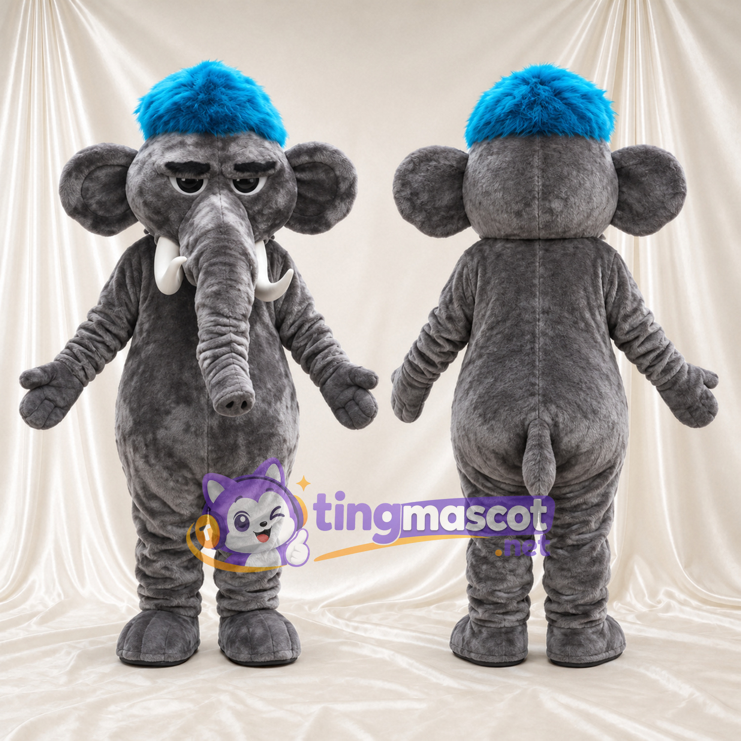 Gray Elephant Mascot Costume - Blue Head Tuft, Long Trunk and White Tusks