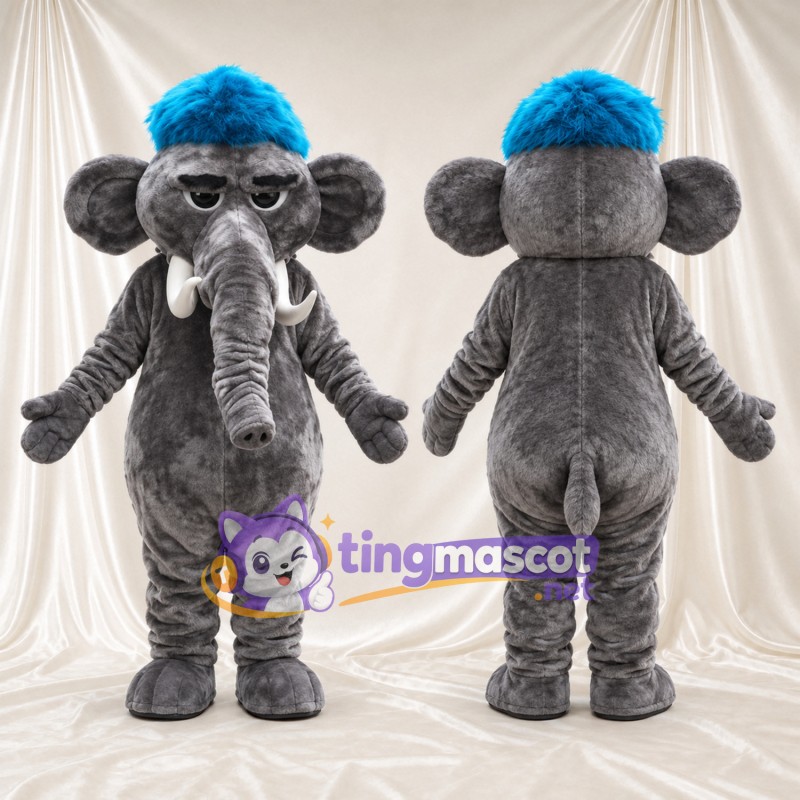 Gray Elephant Mascot Costume - Blue Head Tuft, Long Trunk and White Tusks