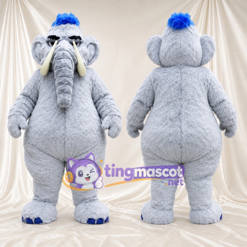 Gray Elephant Mascot Costume - Blue Head Tuft, Round Belly and Blue Claws