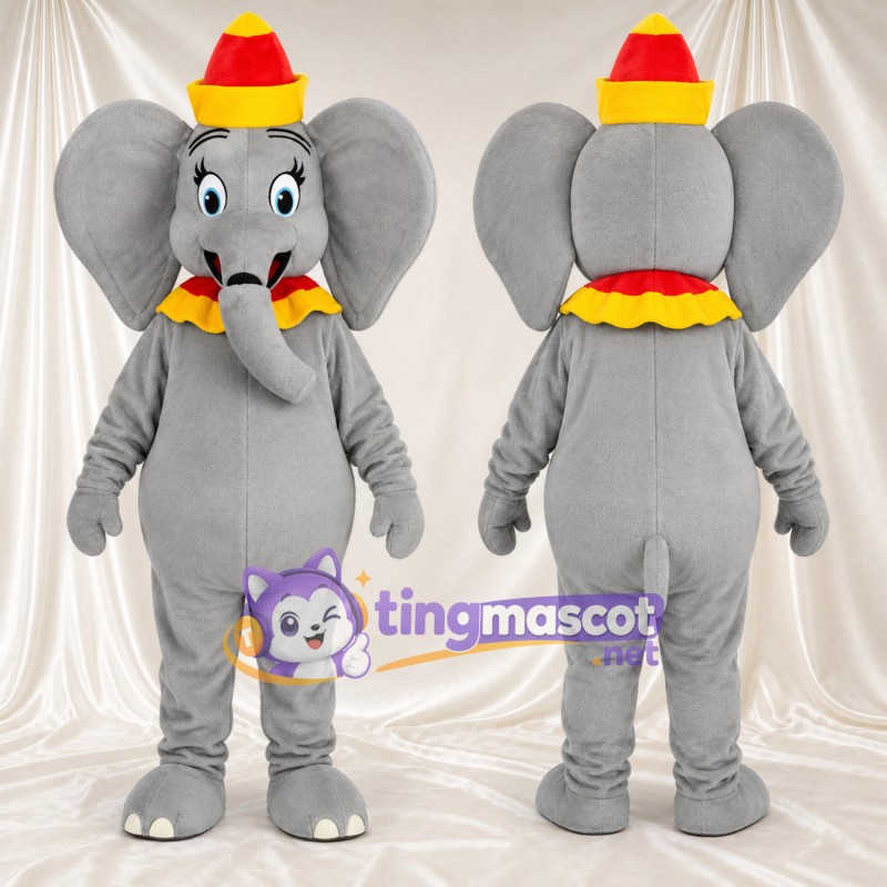 Costume de mascotte Éléphant – gris – Chapeau (rouge / jaune)