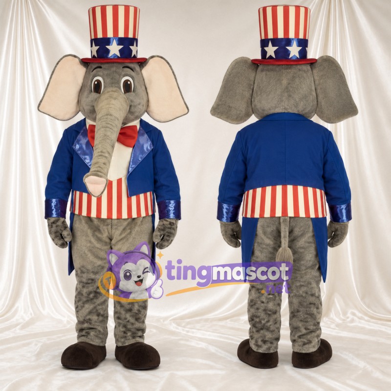 Costume de mascotte Éléphant – gris – Rayures; Haut-de-forme