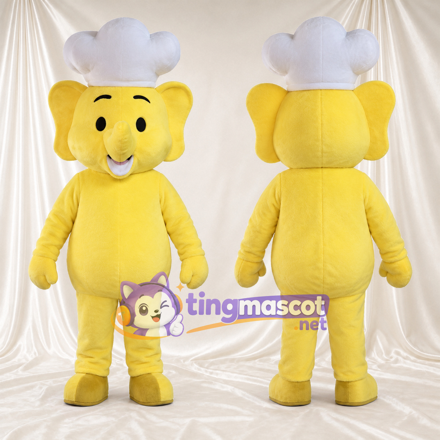 Costume de mascotte Éléphant cuisinier – jaune – Toque de chef (blanc) Costume de mascotte Éléphant cuisinier – jaune – Toque de chef (blanc)