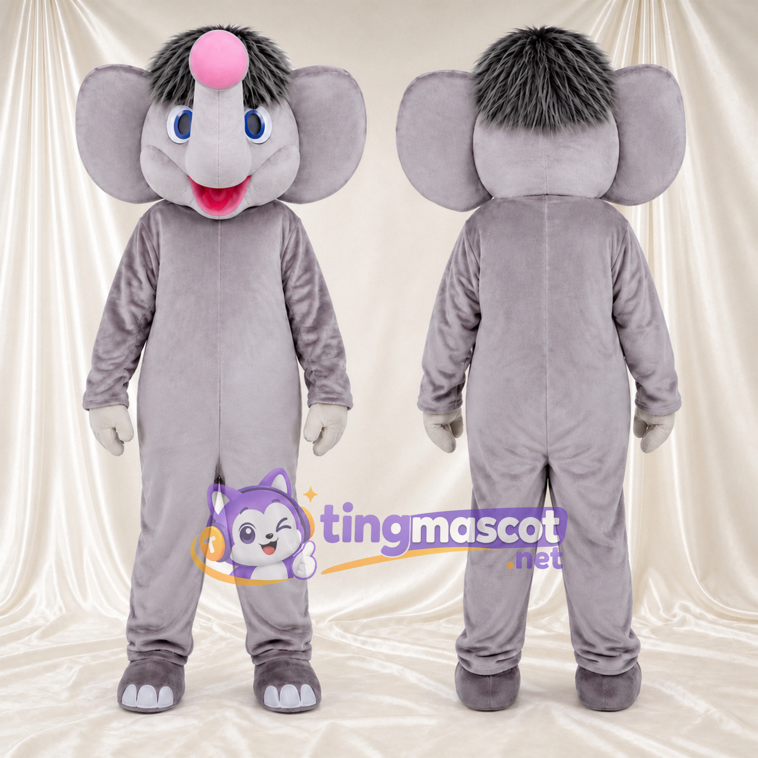 Gray Elephant Mascot Costume - Head Tuft and Pink Trunk Tip Gray Elephant Mascot Costume - Head Tuft and Pink Trunk Tip