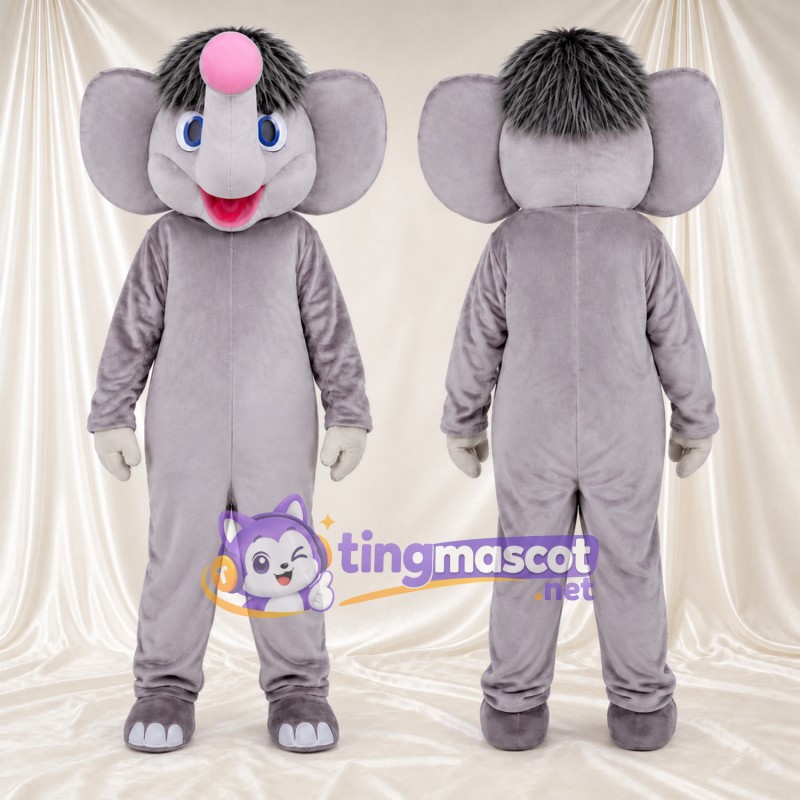 Gray Elephant Mascot Costume - Head Tuft and Pink Trunk Tip