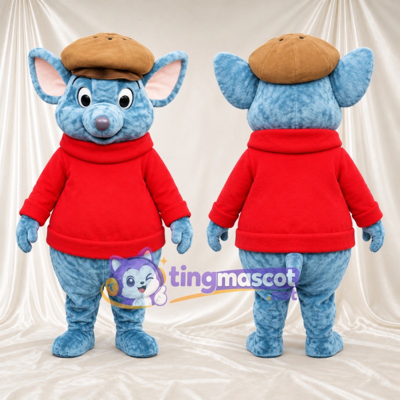 Blue Mouse Mascot Costume - Red Sweater and Tan Cap, Pink Inner Ears and Long Tail