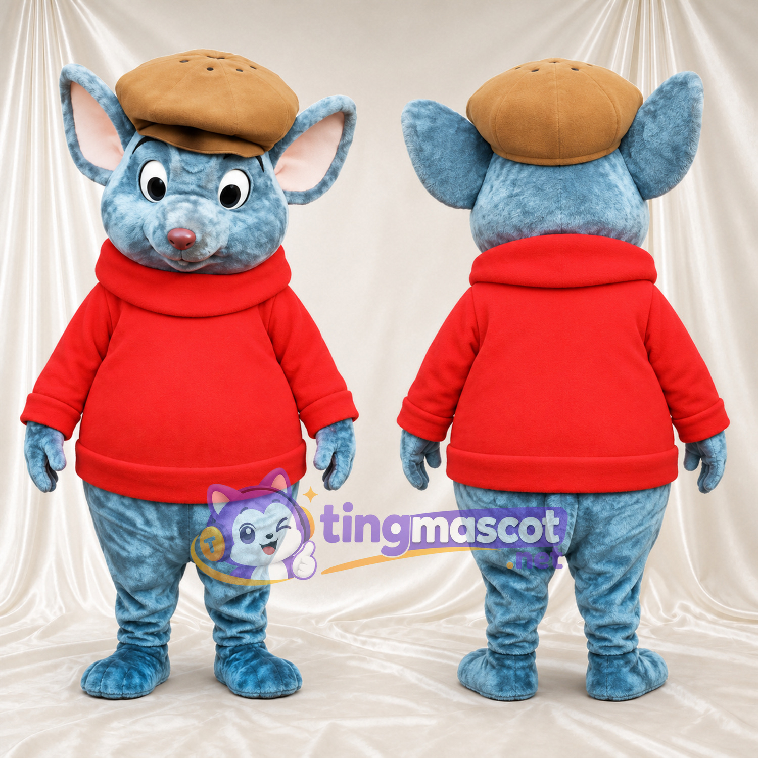 Blue Mouse Mascot Costume - Red Sweater and Tan Cap, Pink Inner Ears and Blue Nose Blue Mouse Mascot Costume - Red Sweater and Tan Cap, Pink Inner Ears and Blue Nose