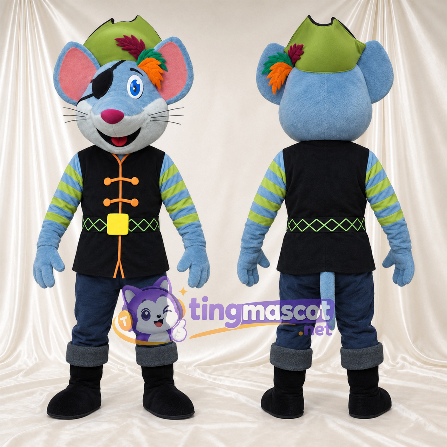Blue Mouse Mascot Costume - Green Hat and Black Vest Blue Mouse Mascot Costume - Green Hat and Black Vest