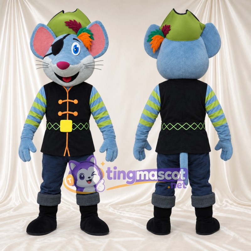 Blue Mouse Mascot Costume - Green Hat and Black Vest