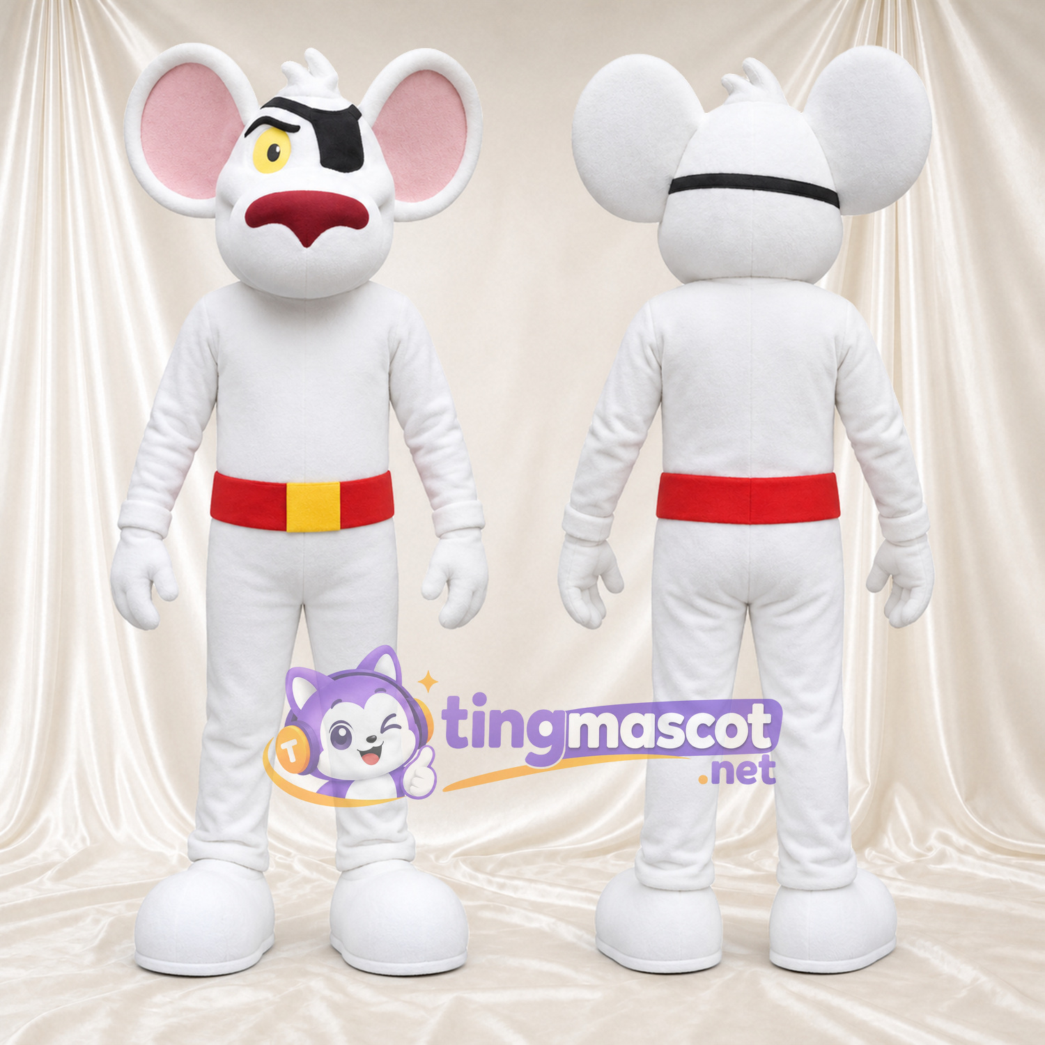 Costume de mascotte Souris – blanc – Tache autour d’un œil; Ceinture (rouge) Costume de mascotte Souris – blanc – Tache autour d’un œil; Ceinture (rouge)