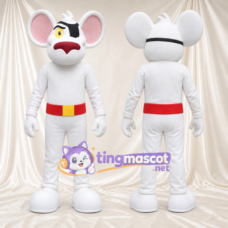 Costume de mascotte Souris – blanc – Tache autour d’un œil; Ceinture (rouge)