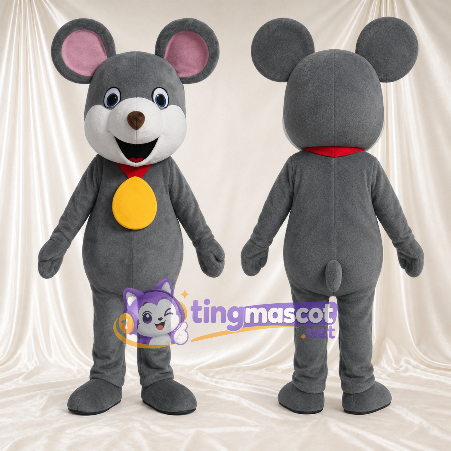 Costume de mascotte Souris – gris – Col (rouge); Médaillon (doré) Costume de mascotte Souris – gris – Col (rouge); Médaillon (doré)