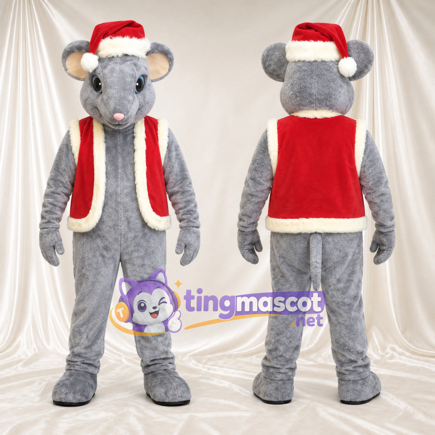 Costume de mascotte Souris – gris – Bonnet de Noël; Gilet (rouge) Costume de mascotte Souris – gris – Bonnet de Noël; Gilet (rouge)
