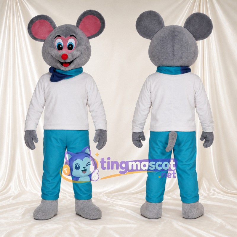 Costume de mascotte Souris – gris – Chemise (blanc); Pantalon (bleu canard)