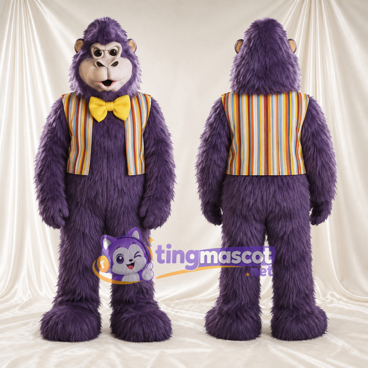 Maskottchenkostüm Affe – violett – Weste; Fliege (gelb) Maskottchenkostüm Affe – violett – Weste; Fliege (gelb)