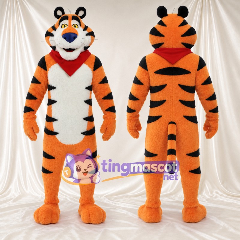 Orange Tiger Mascot Costume - Red Bandana, White Belly and Blue Nose