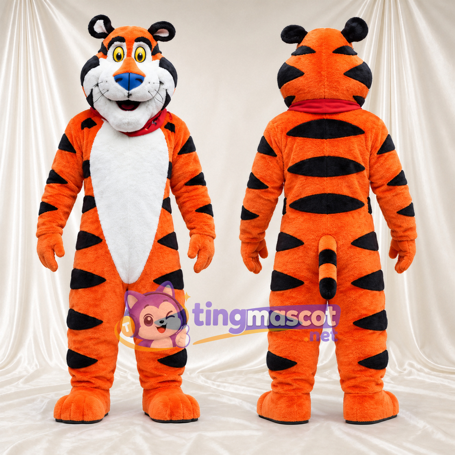 Orange Tiger Mascot Costume - Red Bandana, Blue Nose and Broad Stripes Orange Tiger Mascot Costume - Red Bandana, Blue Nose and Broad Stripes
