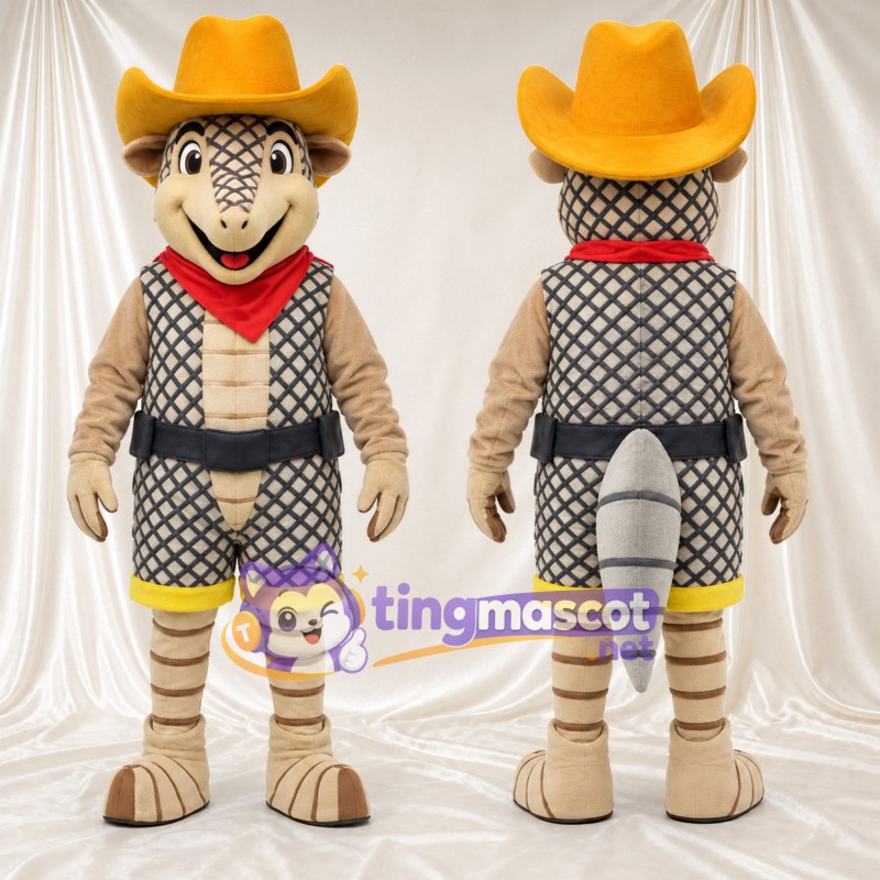 Costume de mascotte Tatou – brun clair – Chapeau de cowboy; Bandana (rouge)