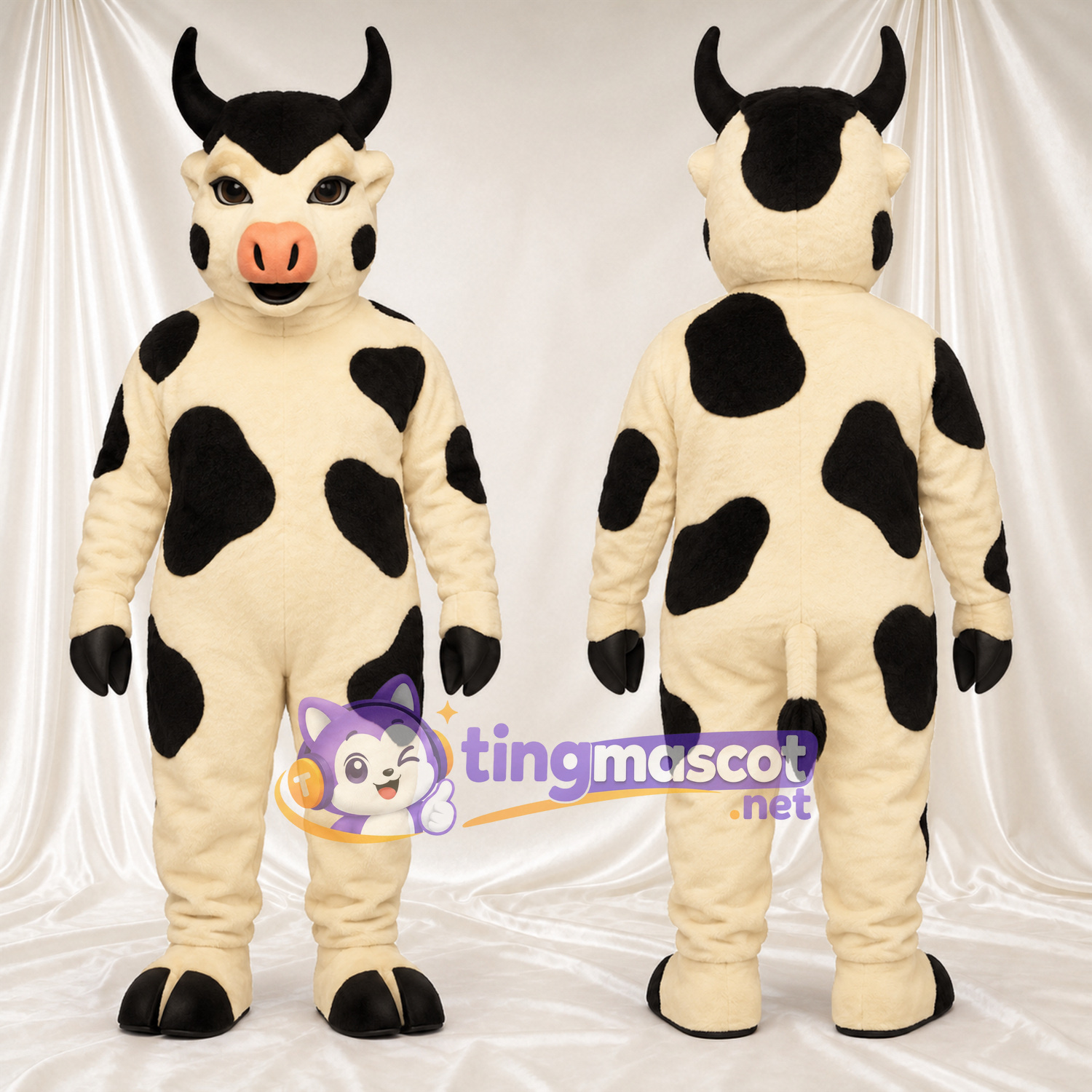 Black and White Cow Mascot Costume - Black Horns and Pink Muzzle Black and White Cow Mascot Costume - Black Horns and Pink Muzzle