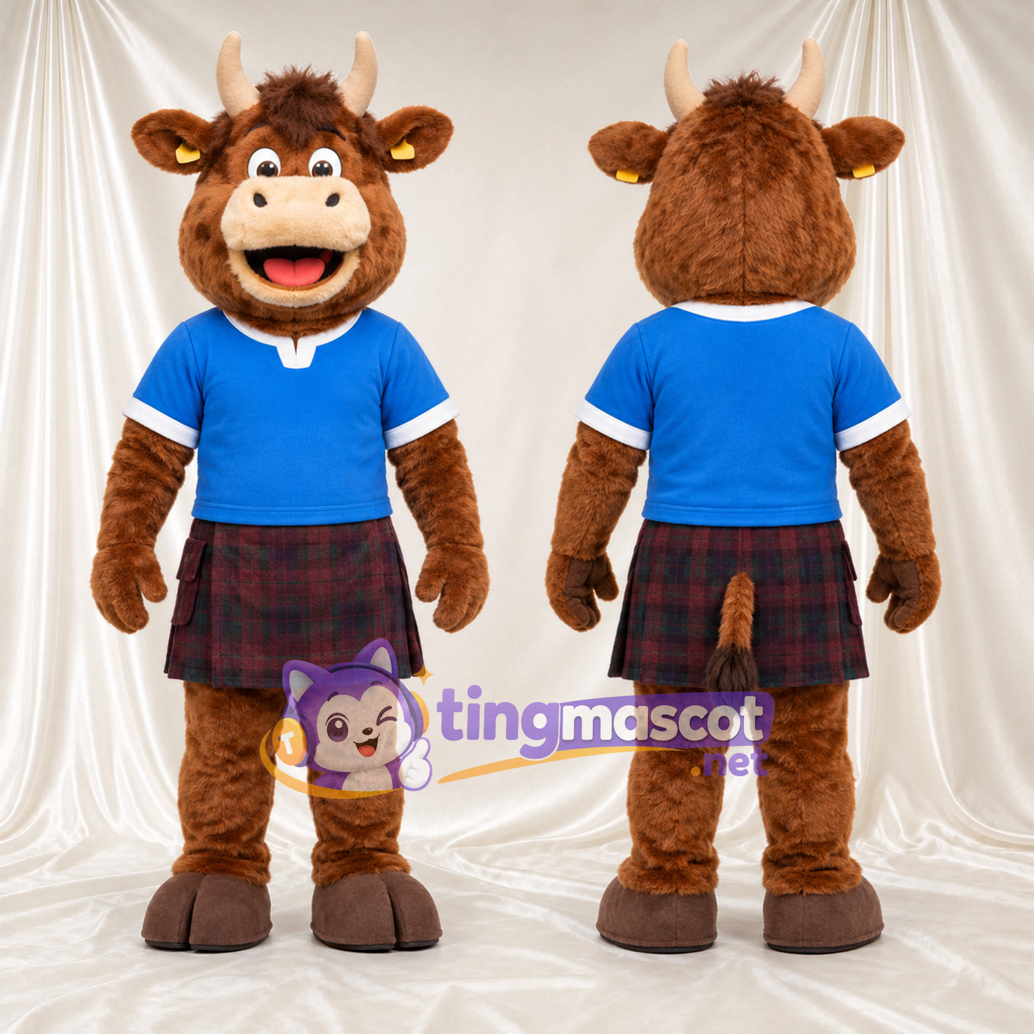 Costume de mascotte Vache – marron – Chemise (bleu) Costume de mascotte Vache – marron – Chemise (bleu)