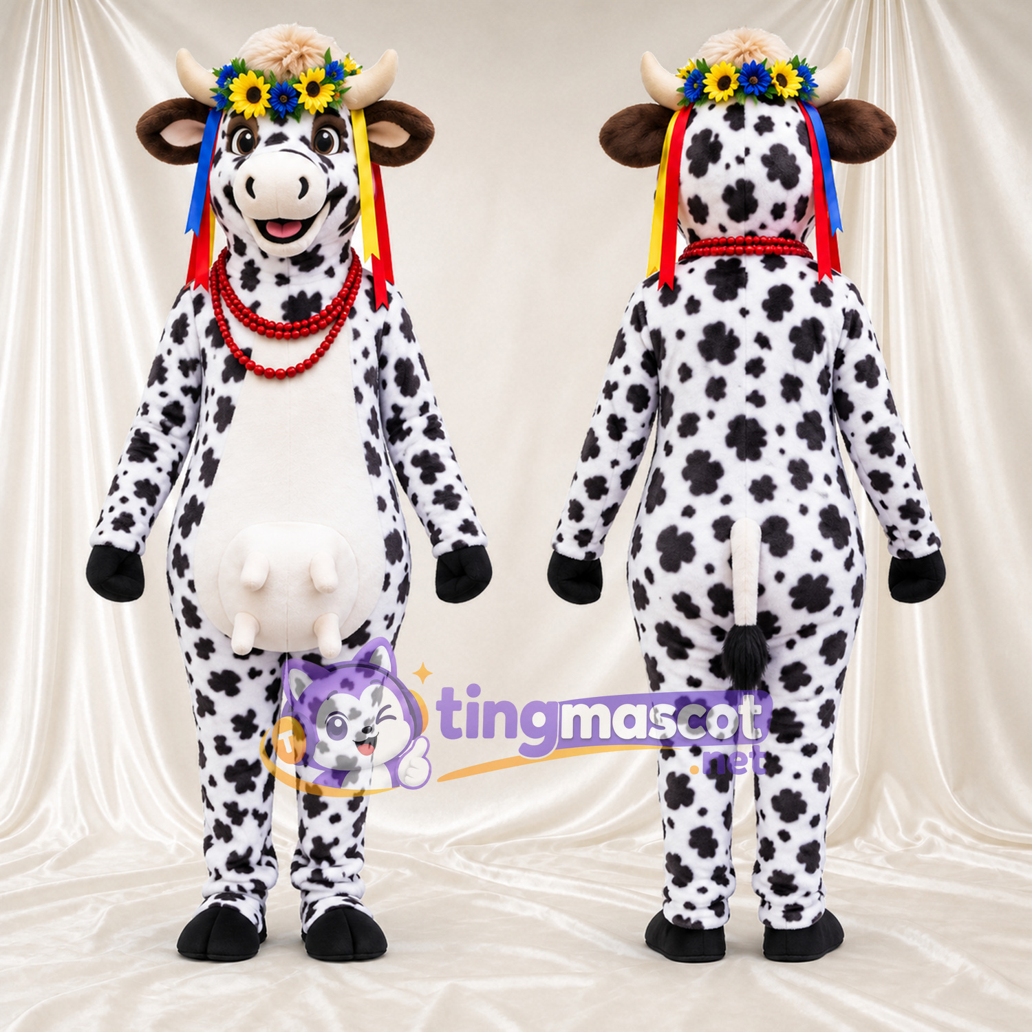 Black and White Cow Mascot Costume - Flower Crown Black and White Cow Mascot Costume - Flower Crown