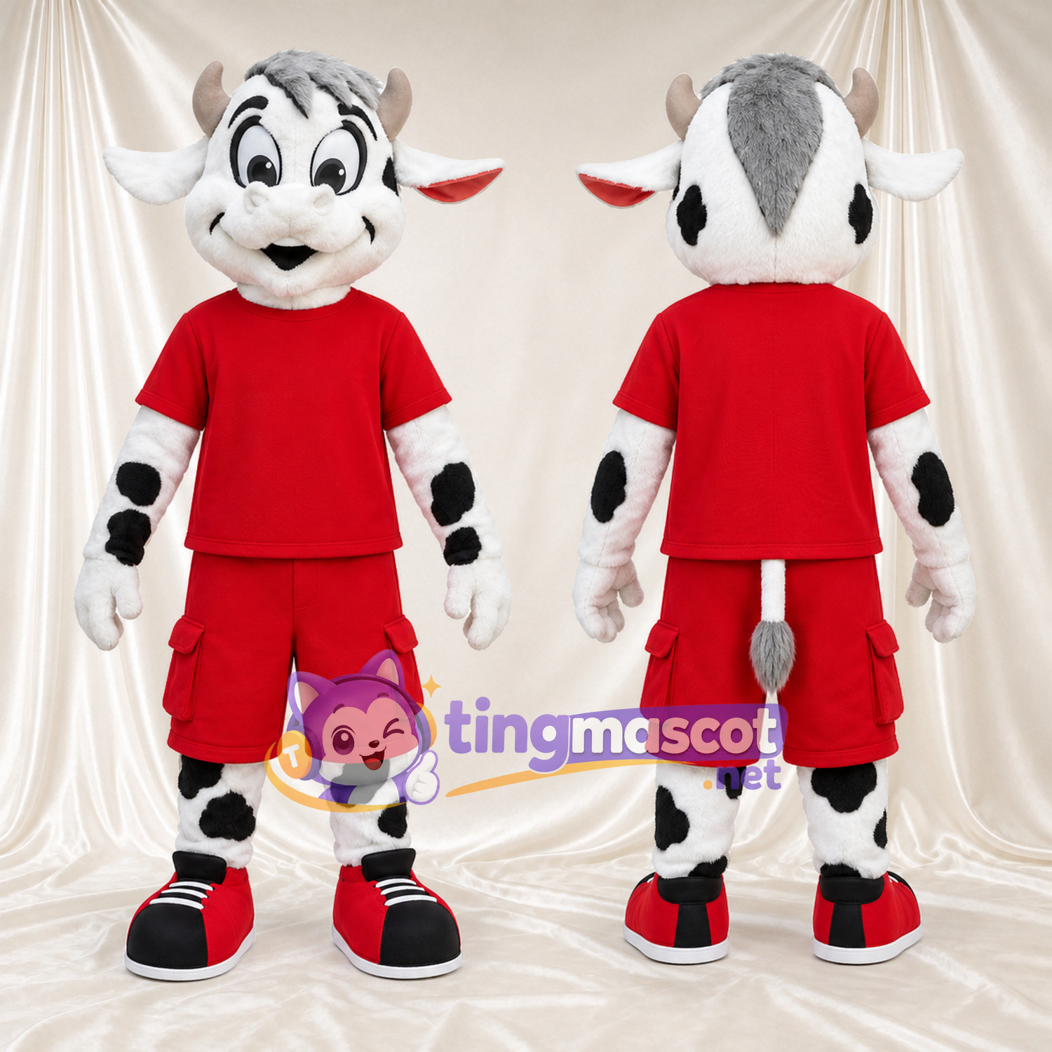 Black and White Cow Mascot Costume - Red Sports Uniform Black and White Cow Mascot Costume - Red Sports Uniform