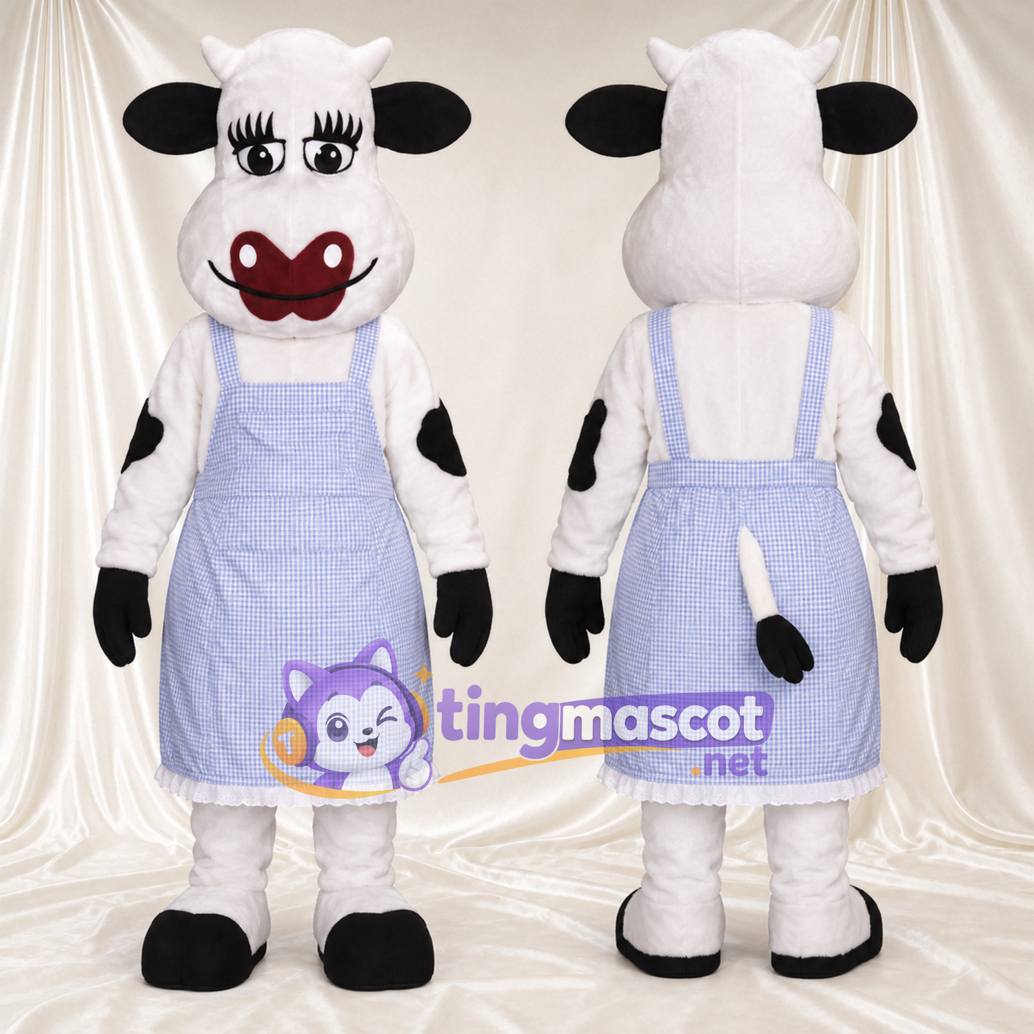 Maskottchenkostüm Kuh – schwarz / weiß – Schürze (violett) Maskottchenkostüm Kuh – schwarz / weiß – Schürze (violett)