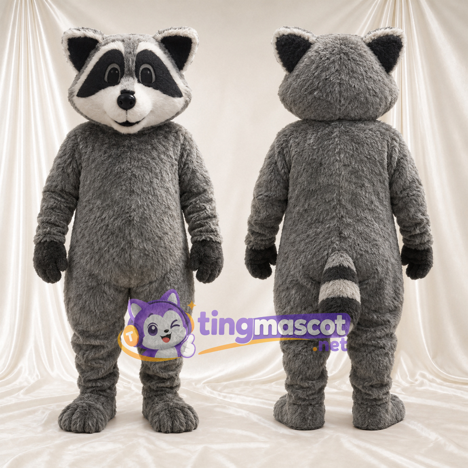 Maskottchenkostüm Waschbär – grau – Gestreifter Schwanz (weiß); Zottelfell Maskottchenkostüm Waschbär – grau – Gestreifter Schwanz (weiß); Zottelfell