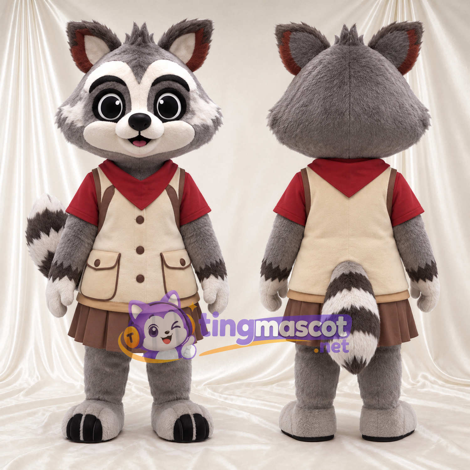Costume de mascotte Raton laveur – gris – Gilet (brun clair); Jupe (marron) Costume de mascotte Raton laveur – gris – Gilet (brun clair); Jupe (marron)