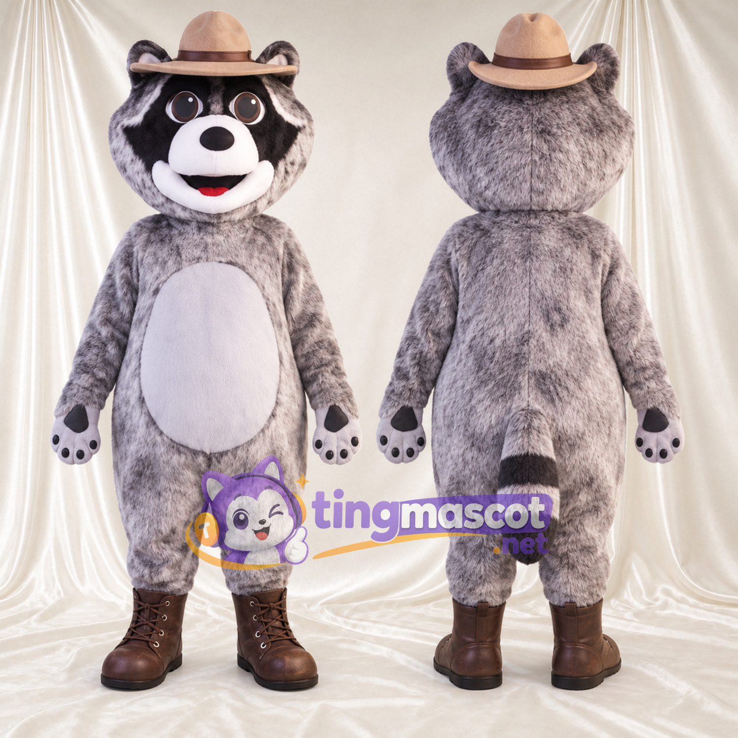 Costume de mascotte Raton laveur – gris – Chapeau de cowboy (marron)