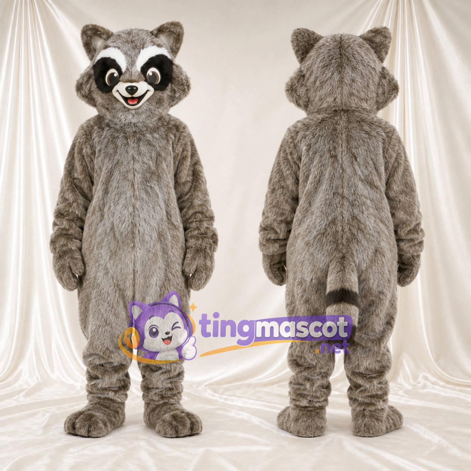 Maskottchenkostüm Waschbär – grau – Gestreifter Schwanz (weiß); Zottelfell Maskottchenkostüm Waschbär – grau – Gestreifter Schwanz (weiß); Zottelfell