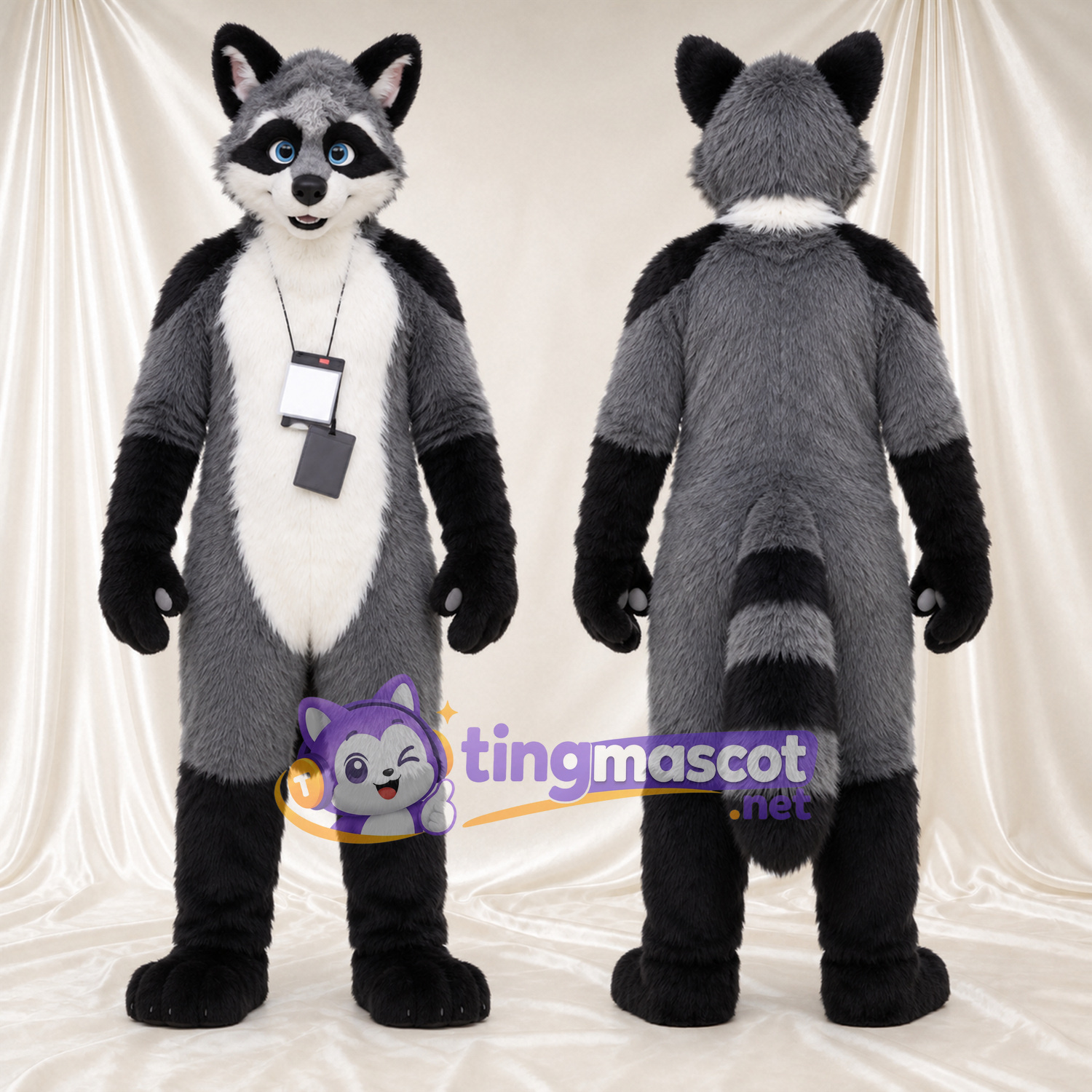 Costume de mascotte Raton laveur – gris – Insigne au cou Costume de mascotte Raton laveur – gris – Insigne au cou