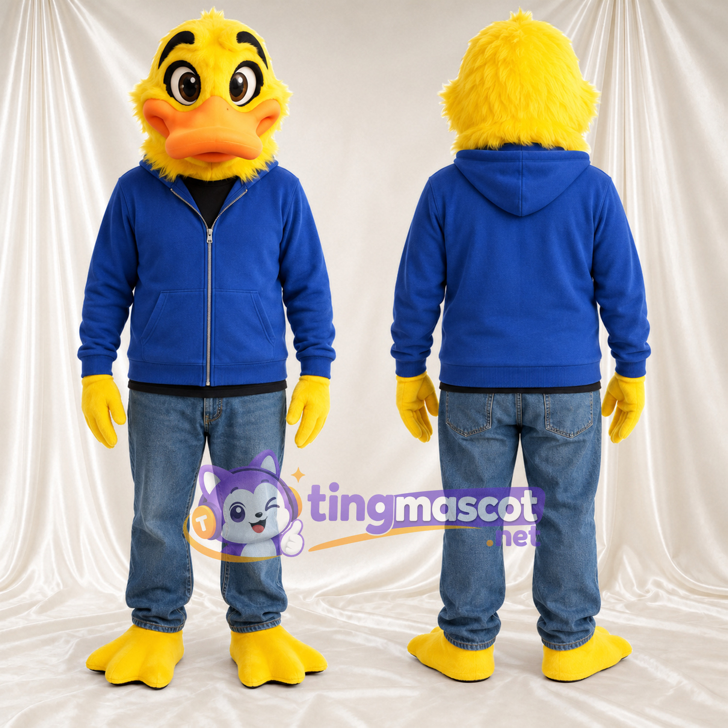 Costume de mascotte Canard – jaune – Sweat à capuche (bleu) Costume de mascotte Canard – jaune – Sweat à capuche (bleu)
